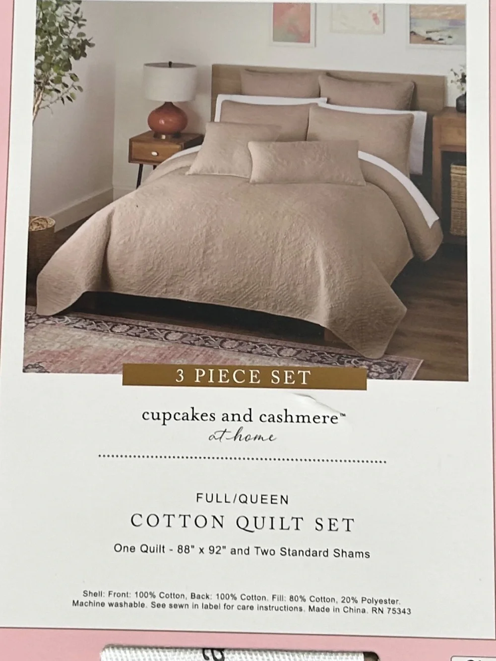 Cupcakes and Cashmere 3 Piece Tan Cotton Full/Queen Quilt Set 88”x92”
